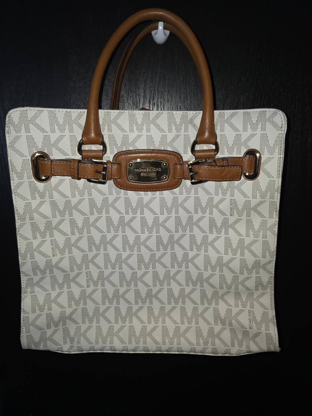 Michael Kors Cream Signature MK Tote with Tan Trim